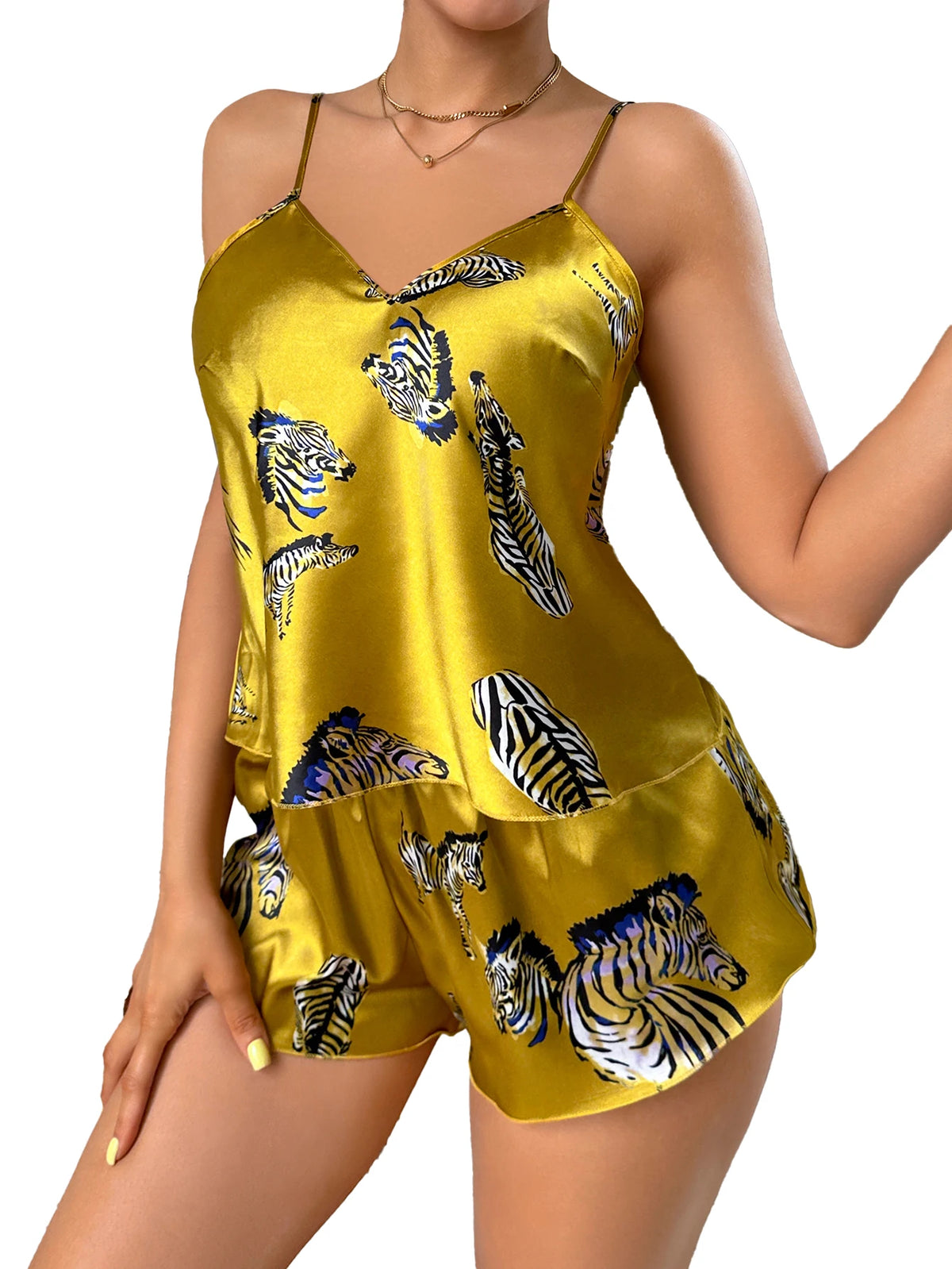 Women's 2Pcs Satin Pajama Set Zebra Print V Neck Spaghetti Strap Top and Shorts Elegant Loungewear Clothes for Women