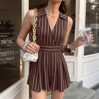 2026 Summer Women Striped Sleeveless V Neck Jumpsuits Elegant Mature Style Casual Short Jumpsuit Ladies One Piece Shorts Outfit