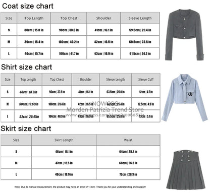 Spring 2025 Preppy Style American Uniform Set Girls Short Suit Coat Long Sleeve Striped Shirt Slim High Waist Pleated Skirt Grey