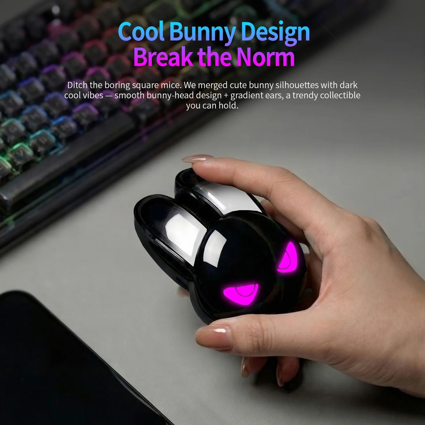MOFII M6C Evil Rabbit Dual-mode Mouse, Black Cool Rabbit Shape, RGB Ambient Light, Silent Rechargeable, Multi-device Compatible