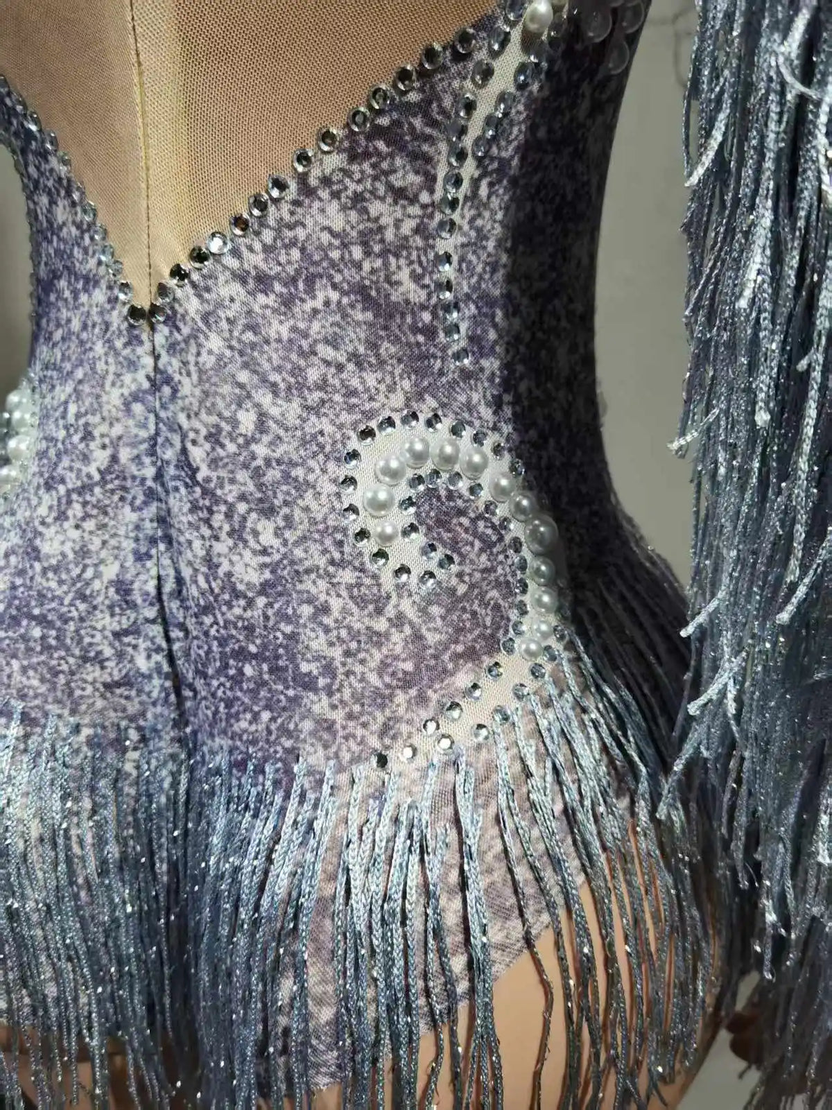 Luxury Gray Fringe Silver Rhinestones Pearls Transparent Bodysuit Women Dance Show Costume Birthday Party Outfit