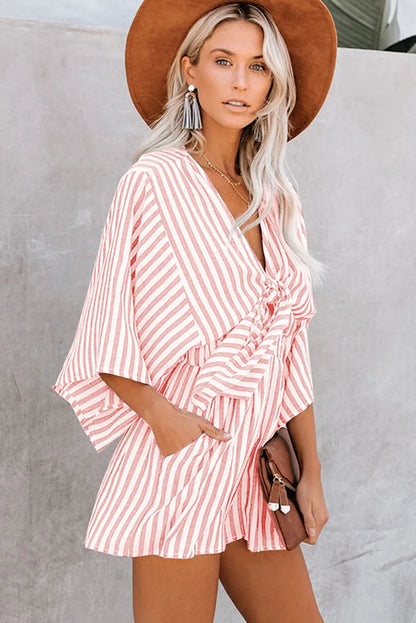 Womens Sexy Deep V-neck Romper Summer Loose Stripe Playsuit Ladies Fashion Holiday Pants Beach Lace Up Jumpsuit Ropa Mujer 2024