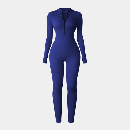 Screw Zipper Long Sleeve Jumpsuit Woman Slim Gym Workout Running Yoga Jumpsuits Women V Neck Tight Sports Fitness Clothes