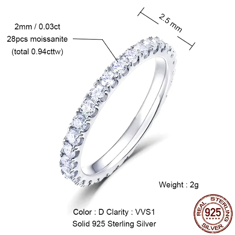 WES Moissanite Full Eternity Ring Wedding Band 925 Sterling Silver D Color VVS1 Lab Anniversary Engagement Stackable Women Ring