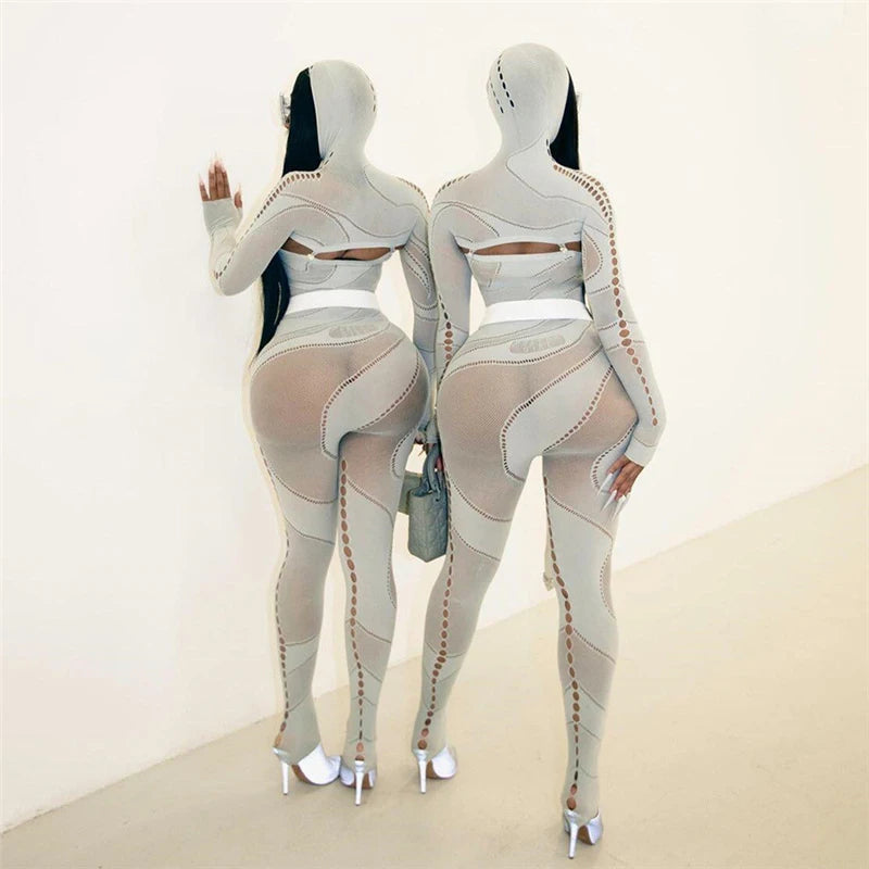 OMSJ High Stretchy Knitted Cut Out See-through Tight Jumpsuit High Waist Full Sleeve Hooded One Piece Nightclub Romper Partywear