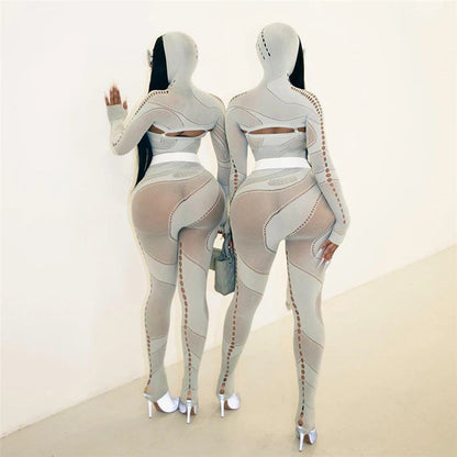 OMSJ High Stretchy Knitted Cut Out See-through Tight Jumpsuit High Waist Full Sleeve Hooded One Piece Nightclub Romper Partywear