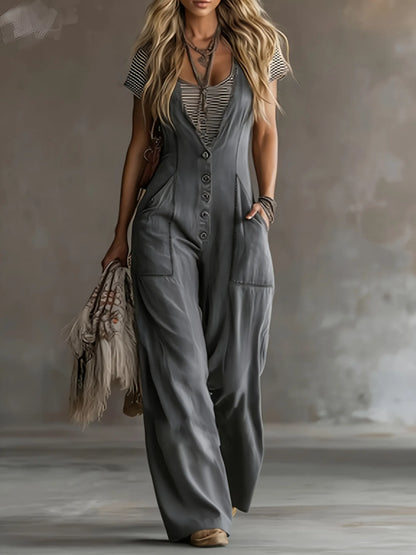 Women's Solid Color Jumpsuit Summer Fashion V-neck Button Semi Open Design Loose Jumpsuits With Pocket Ladies Office Overalls