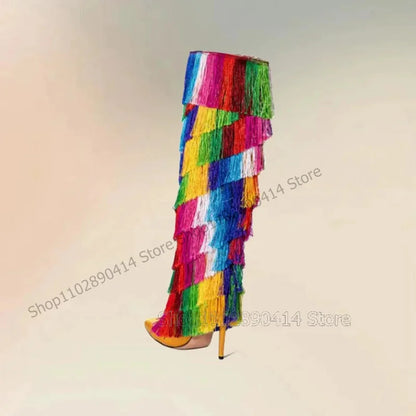 Colorful Tassels Design Gold Pointed Toe Boots Slip On Women Shoes Thin High Heels Party Banquet Dating 2024 Zapatos Para Mujere