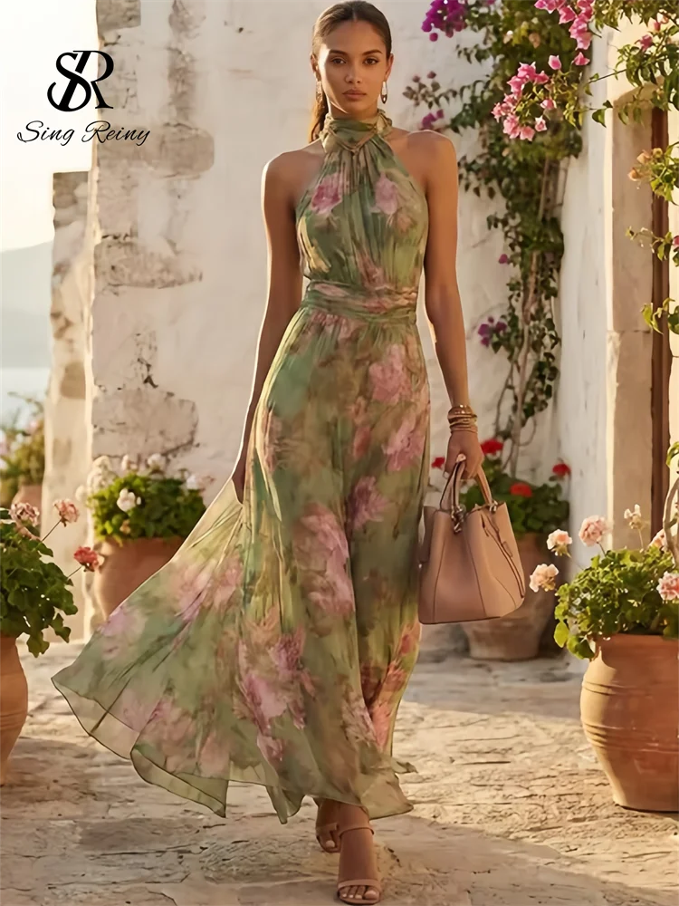 SINGREINY Elegant Green Floral Halter Chiffon Maxi Dresses Trendy Sleeveless A-line 2026 Women Floral Wedding Guest Party Dress