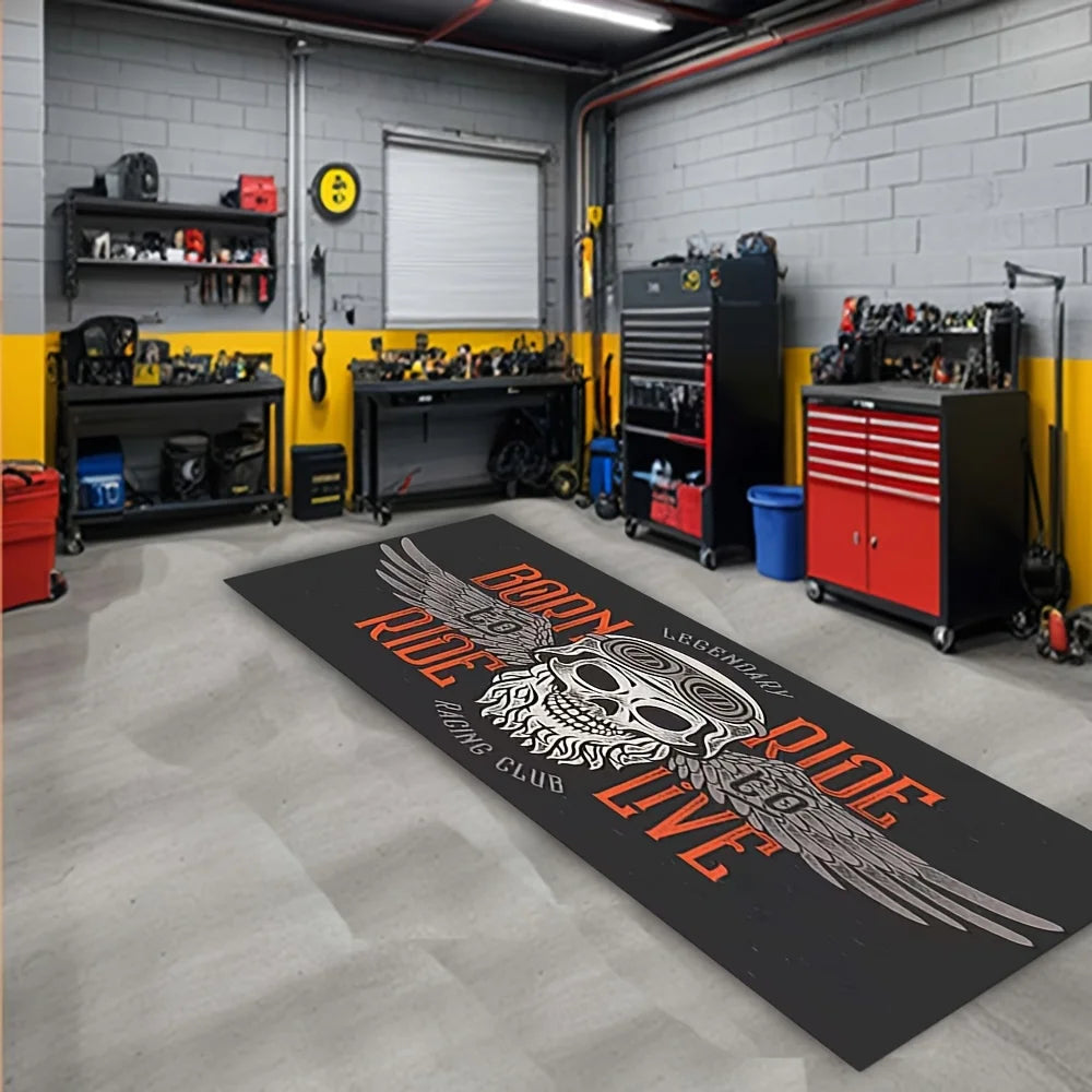 VIKAMA Black Skull Motorcycle Stripe Cool Minimalist Long Rug, Easy-to-Manage Foldable Indoor/Outdoor Printed Floor Mat
