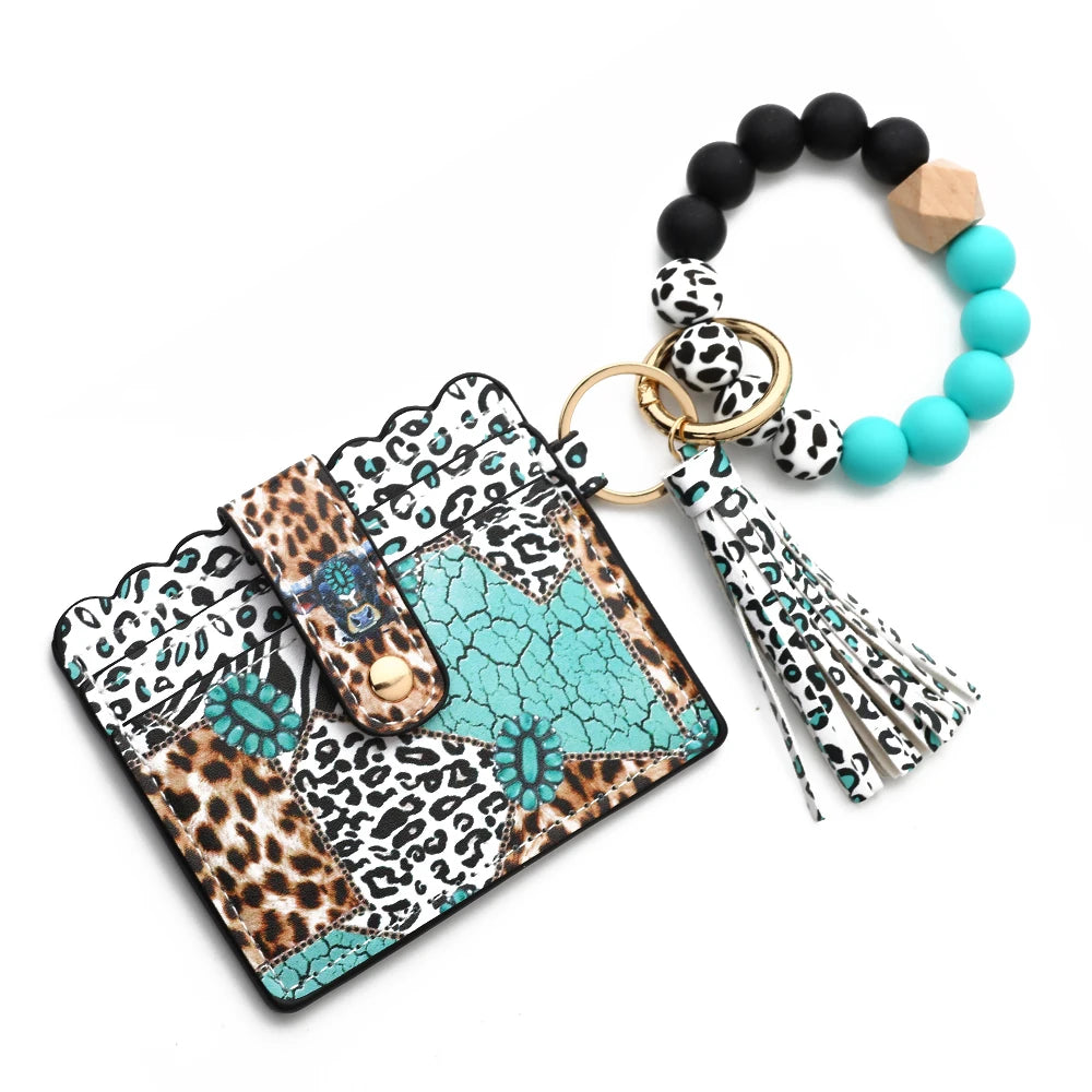 Bull Silicone Beads Bracelet Pu Leather Purse Leopard Print Tassel Cow Wallet Keychain Silicone Beaded ID Card Holder Keychain