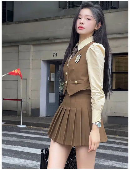 2024 england style uniform jk set suit autumn new suit waistcoat long sleeve shirt pleated skirt fashion three-piece women w753