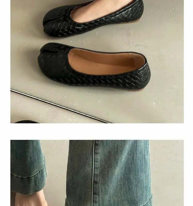 French Retro Split Toe Ballet Flats Women Red Woven Detail Tabi Slip On Shoe Woman Faux Leather Moccasin Daily Work Office Flats