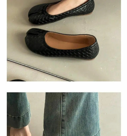 French Retro Split Toe Ballet Flats Women Red Woven Detail Tabi Slip On Shoe Woman Faux Leather Moccasin Daily Work Office Flats