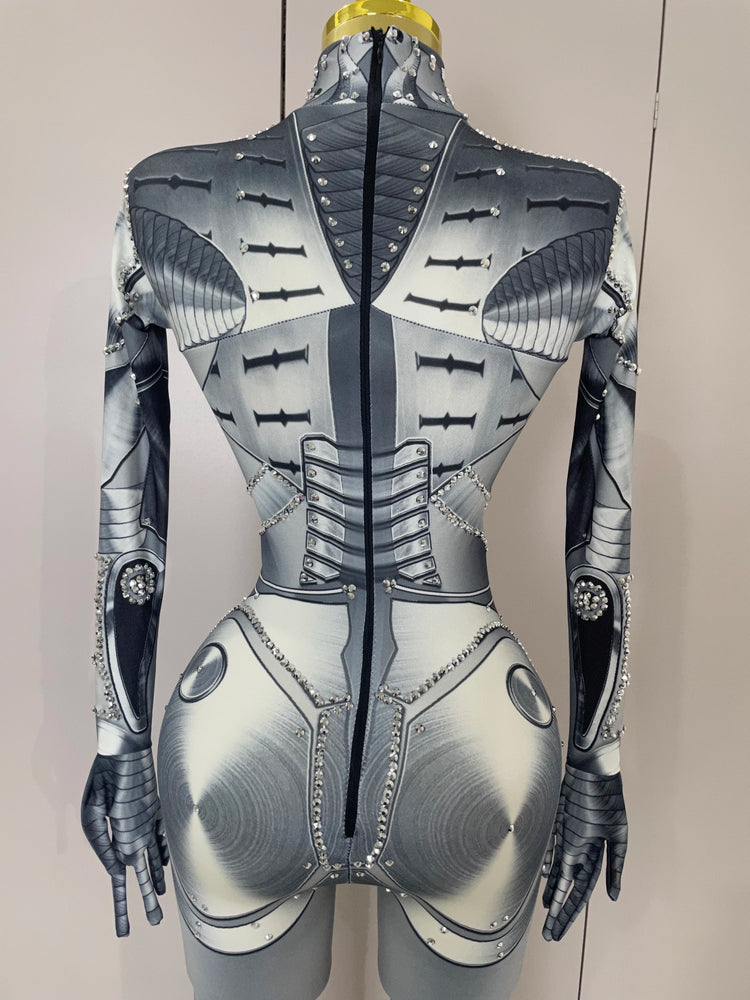 2025 New Trendy Women Sexy Rhinestones Printed Skinny Jumpsuit High Street Performance Dance Costume Bar Club Show Stage Wear