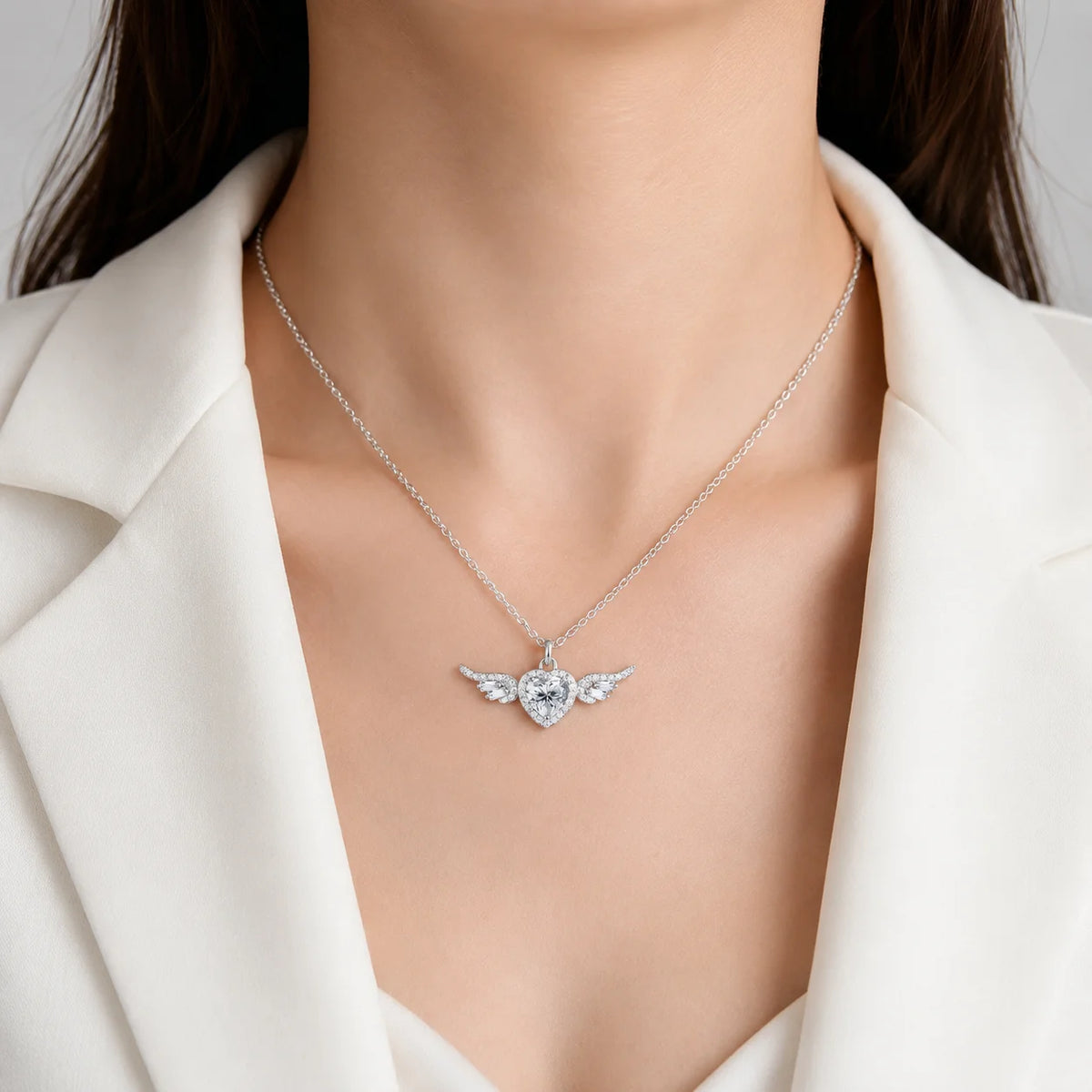 Angel Wings Heart Moissanite Pendant Necklace Baguette Cut S925 Sterling Silver D Color VVS1 GRA Certified Gift for Women