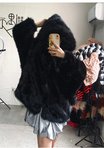 Nerazzurri Autumn Winter Oversized White Black Warm Shaggy Hairy Faux Fur Coat Women with Hood Loose Casual Fluffy Jacket 2023