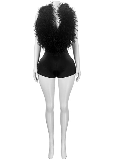 Kricesseen Hot Women's Halter Neck Feather Playsuits One Piece Outfits Summer Sexy Backless Furry Jumpsuits Night Club Outfits