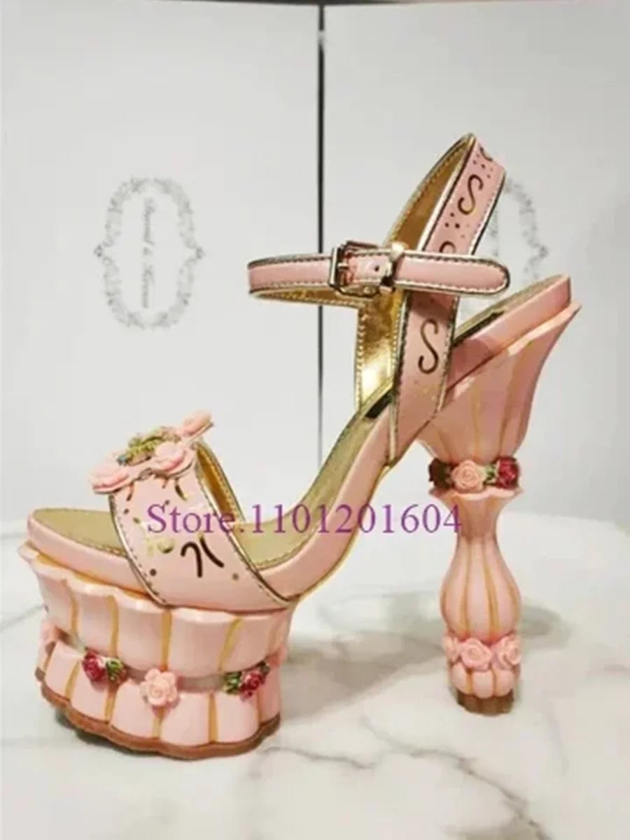Cake Platform Palace Pink Open Sandals Women Flower Print Color Graffiti Heels Pillar Strange Style Sandals Round Slingback Shoe