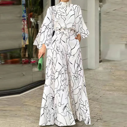 Casual Elegant Jumpsuits Women Autumn New Loose Long Pants Long Sleeve Printed High Waist Wide Leg Jumpsuit Commuting Playsuits