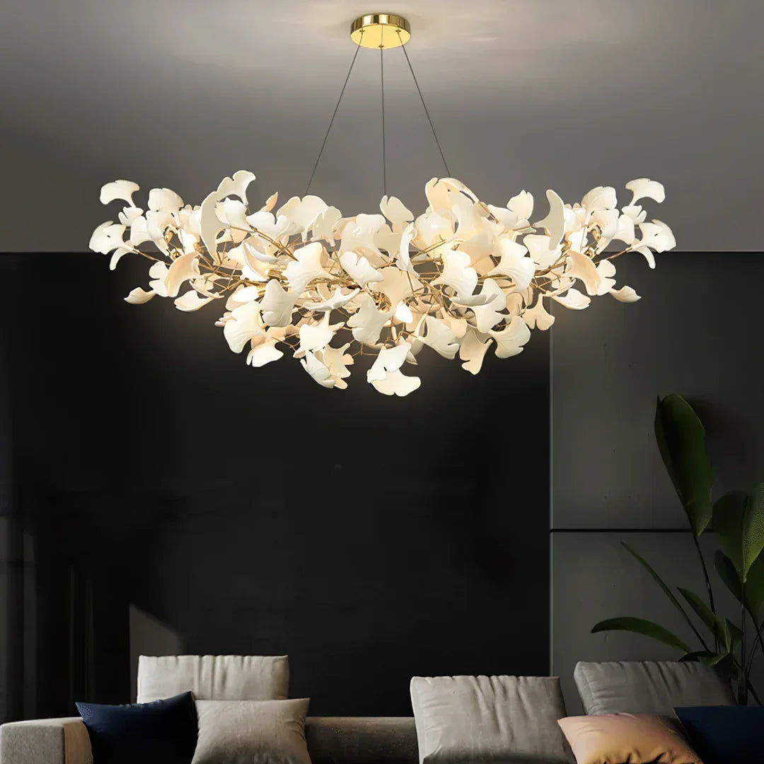 Modern Ceramics White Long Ginkgo Leaf LED Pendant Light Decoration Villa Living Room Ceiling Chandelier Indoor Hanging Lights