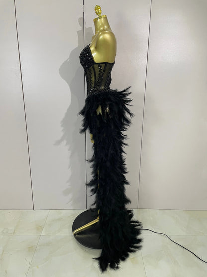 Luxury Sparkly Rhinestones Feathers Long Tail Dress Sexy Mesh Transparent Stage Bodysuit Evening Party Celebrate Birthday Dress