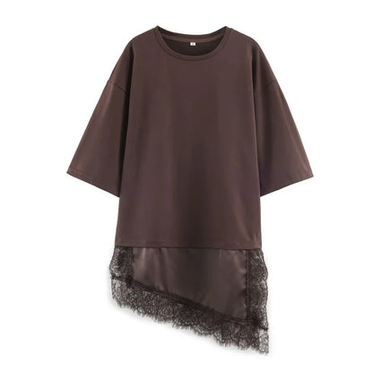 Women's Spring Summer Asymmetric Lace Trim Half Sleeve T-Shirt Back to School Casual Daily Wear Fashion Versatile Top 4 Colors
