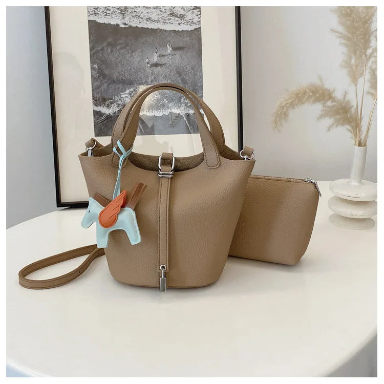 Fashion Vegetable Basket Bucket Bag Women's Autumn New Lychee Pattern Shoulder Bag Simple Solid Color Niche Messenger Bag