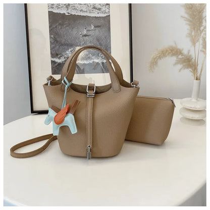 Fashion Vegetable Basket Bucket Bag Women's Autumn New Lychee Pattern Shoulder Bag Simple Solid Color Niche Messenger Bag