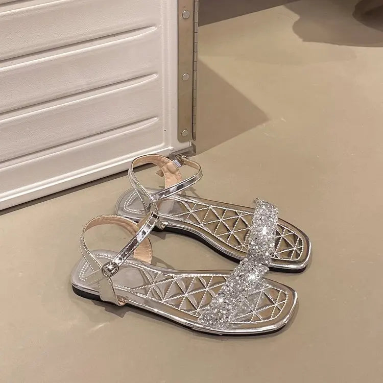 Luxury Crystal Square Toe Sandals Elegant Peep Toe Flat Slides Summer Fashionable Beach Shoes for Women