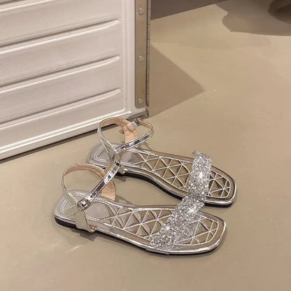 Luxury Crystal Square Toe Sandals Elegant Peep Toe Flat Slides Summer Fashionable Beach Shoes for Women