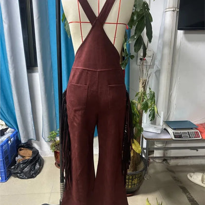 Western Vintage Solid Suede Tassel Female Jumpsuit Fashion Hollow Out Button Overalls 2026 Spring Strappy Bodysuit Woman Rompers