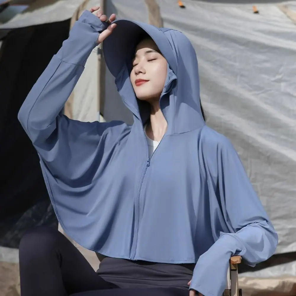 Solid Color Sunscreen Hoodie Long Sleeve Large Brim Hat Summer Sunscreen Shawl Thin Arm Sleeves Ice Silk Short Jacket Running