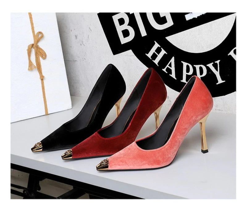 Women Peach Pink Velvet Metal Capped Pointed Toe Pumps Gold Trapezoid Thin High Heels Gentle Retro Luxury Date Banquet Ladies