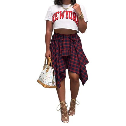 Womens Plaid Skirts High Elastic Waisted Knot Front Asymmetrical Hem Mini Skater Skirt Y2K Streetwear A Line Pleated Skirts