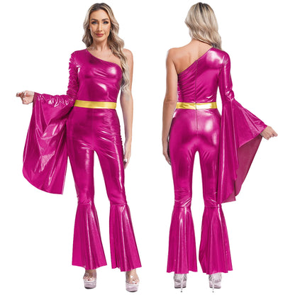 Women Vintage One Piece 70s Disco Dance Rompers Sleeveless Metallic Bell Bottom Flared Pants Jumpsuit for Retro Party Jazz Dance
