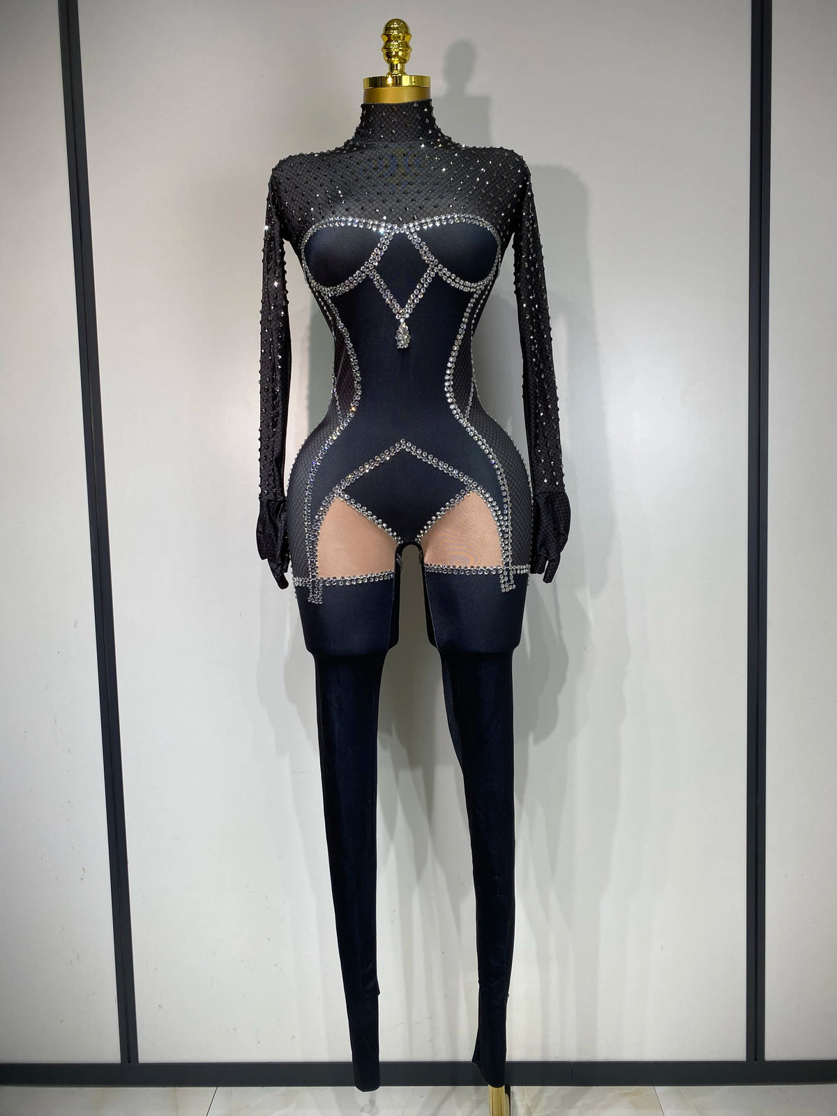 STOCK Sparkly Diamond Women Sexy Mesh Jumpsuit Nightclub Bar Party Show Gogo Dancer Clothing Drag Queen Outfit Stage Costume