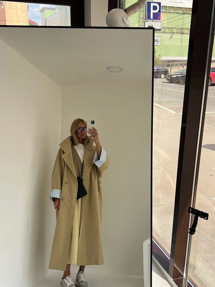 Women Khaki Long Color-block Stripe Trench Coat Wide Lapel Loose Drop Shoulder Blue Lining Slit Windbreaker Commute Outing Coats