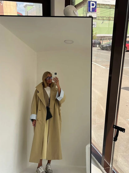 Women Khaki Long Color-block Stripe Trench Coat Wide Lapel Loose Drop Shoulder Blue Lining Slit Windbreaker Commute Outing Coats
