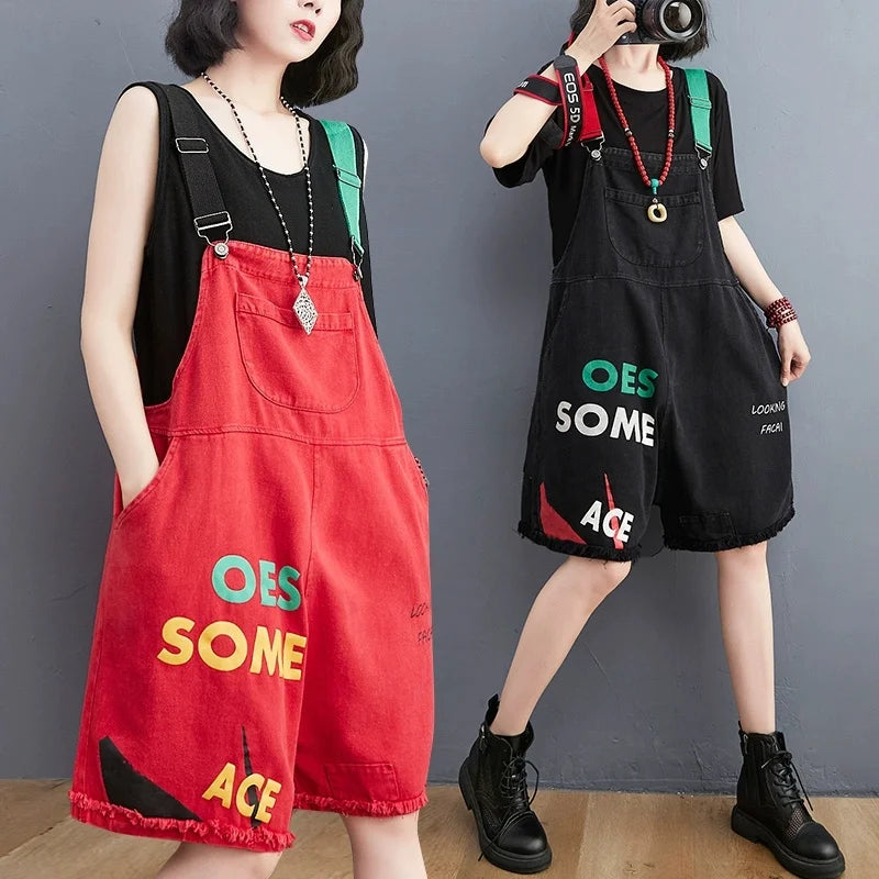 Large Size Letter Printed Jeans Jumpsuit Women New Summer Korean Loose Casual Rompers Wide Leg Denim Short Pants Overalls Pants