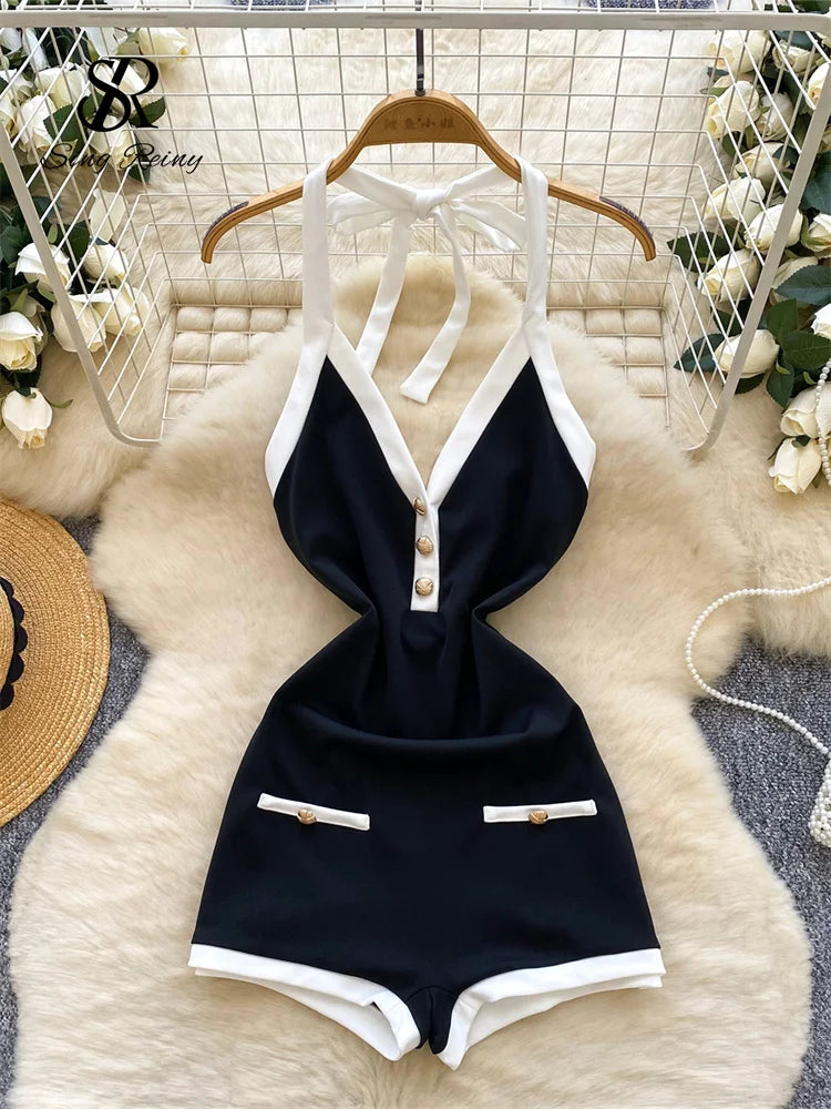 SINGREINY Ins Beach Jumpsuits Ladies Halter Sleeveless Button Design Backless Bodysuits American Retro Solid OL Slim Playsuits