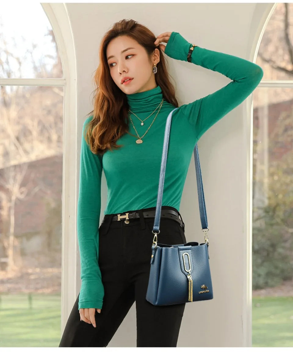 Luxury Hand bags For Women High Quality Pu Leather Three layers Ladies Shoulder Crossbody Bag Bucket Tassel Commuting Sac A Main