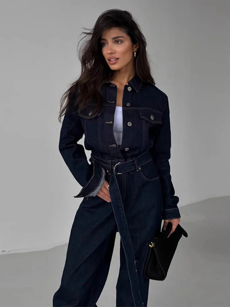 Chic Denim Women's Jumpsuit Turn-Down Collar Lace Up Full Sleeve Lady Long Jumpsuits 2026 Spring Casual Female Streetwear