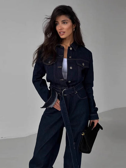 Chic Denim Women's Jumpsuit Turn-Down Collar Lace Up Full Sleeve Lady Long Jumpsuits 2026 Spring Casual Female Streetwear