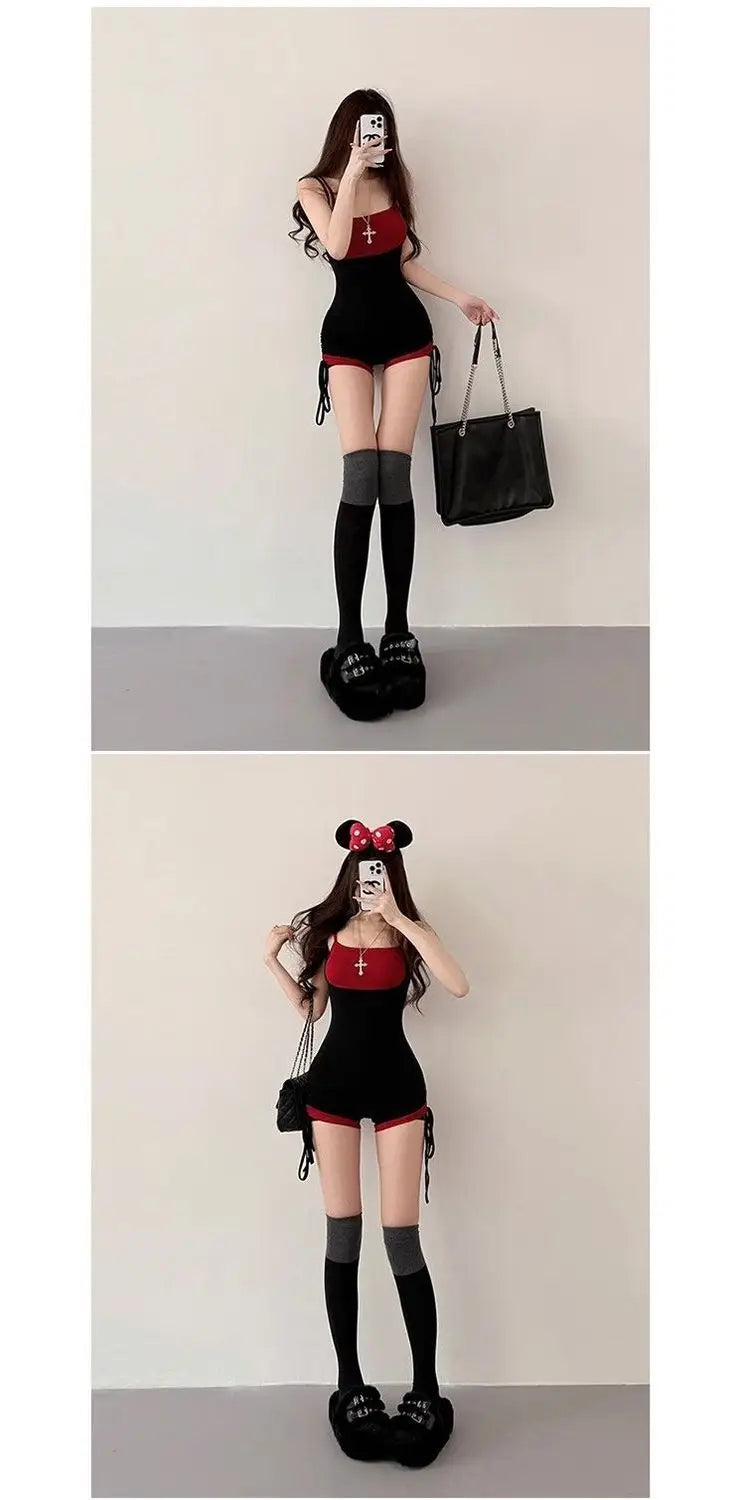 American Style Street Hot Girl Sexy Suspender Jumpsuit Shorts Color Blocked Fake Two-piece Design Sense Fitness Yoga Jumpsuit