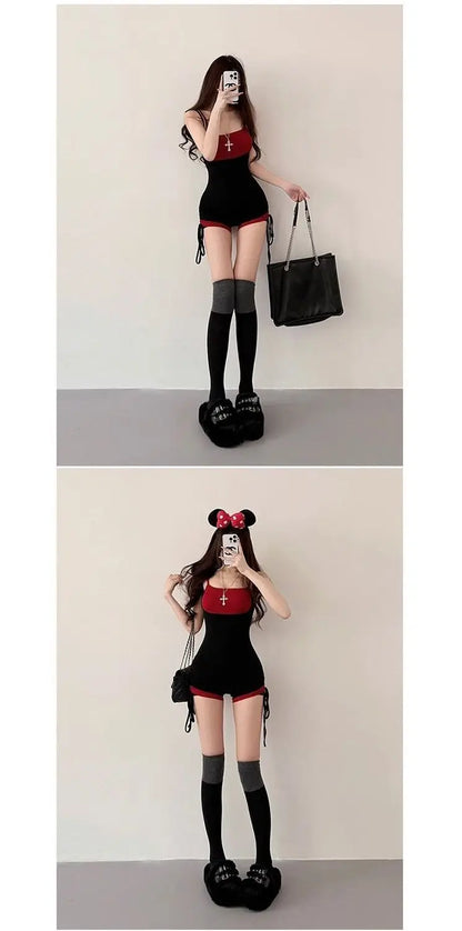 American Style Street Hot Girl Sexy Suspender Jumpsuit Shorts Color Blocked Fake Two-piece Design Sense Fitness Yoga Jumpsuit