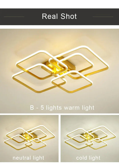 Modern Square LED Ceiling Chandelier with Remote Control Dimmable Light Fixture for Living Room Bedroom Dining Home Decor Lamp