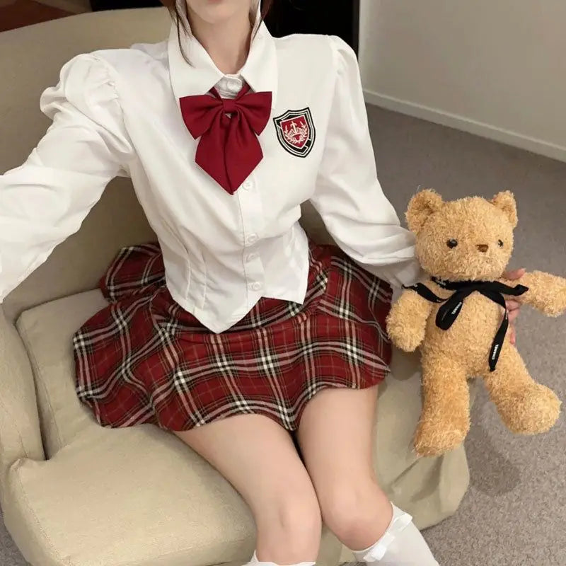2025 improved cute sexy korea jk suit women autumn jk school uniform women shirt plaid pleated half skirt fashion two-piece set