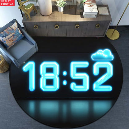 1pc Digital Clock Design Round Rug for Modern Living Room Decor 2D Flat Printed Floor Mat Non-Slip Home Decoration