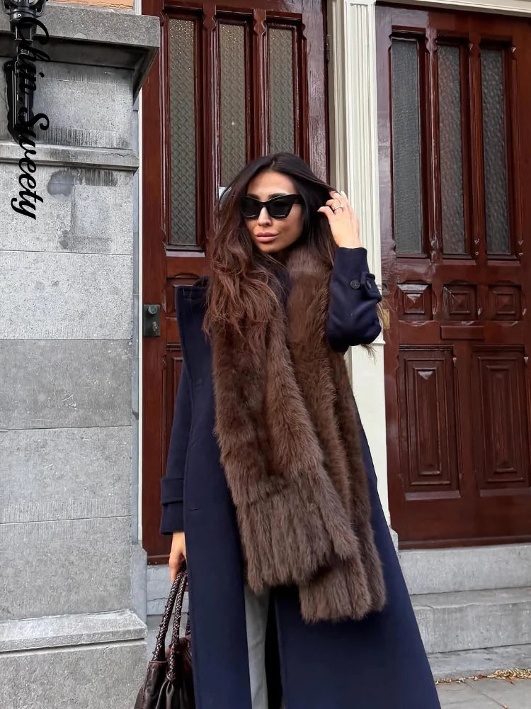 Elegant Solid Women's Tassels Faux Fur Scarf Thicken Tassels Patchwork Long Scarves Female 2026 Spring New Chic Scarf Lady
